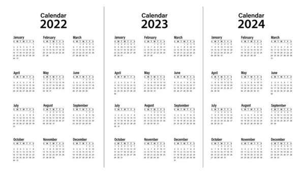 Plantilla Calendario Para 2022 2023 2024 Diseño Calendario Blanco Negro — Vector de stock