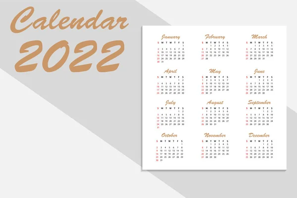Календар Векторної Ілюстрації 2022 Року Тиждень Починається Неділю Неділя Виділена — стоковий вектор