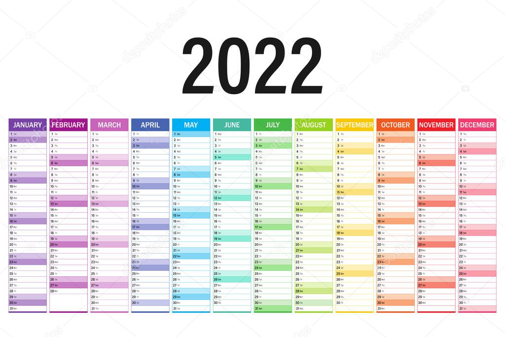 2022, a colorful calendar planner on one page, on a white background. Each month has its own color. Horizontal. Vector template