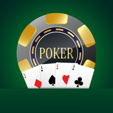 Casino illüstrasyonu. Kumarhane ve kumarhane temalı 3 boyutlu elementler. Koyu yeşil eğimli arka planda poker fişi ve as kartları. Vektör illüstrasyonu