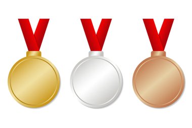 Kırmızı kurdeleli altın, gümüş ve bronz madalyalar. Vektör illüstrasyonu
