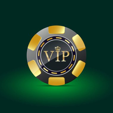 Gold Black Kumarhanesi 'ndeki VIP kumar fişleri koyu yeşil eğimli arka planda vurgulanmış. Vektör illüstrasyonu