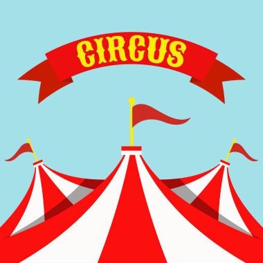 Çadırlı sirk pankartı ve yazılı kırmızı kurdele. Vektör illüstrasyonu