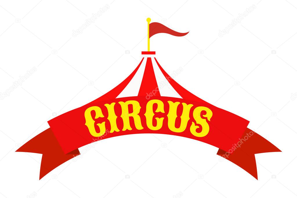 A circus tent with a bright red silk ribbon with the name. A poster with a red circus sign, with a tent, a frame for a carnival circus. A sign, a circus banner. Vector illustration