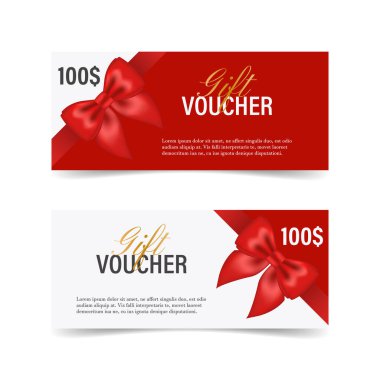 Gerçekçi kırmızı kurdeleli hediye çeki şablonu. Bir davetiye, sertifika, hediye kuponu, bilet ya da fiş tasarla. Vektör illüstrasyonu.