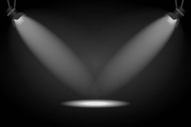 Siyah arka planda projektörler. Sahne ışıklarının etkisi. Vektör illüstrasyonu