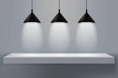 Tavan aydınlatması için modern asma avizesi. Ürün sunumu, müze sergisi, vitrin, boş bir reklam platformu için gerçekçi bir illüstrasyon.