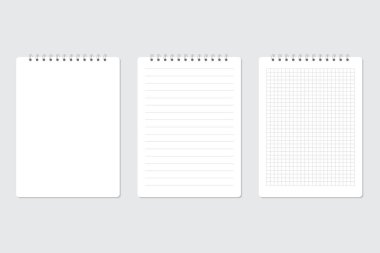 Yırtık dökük çarşaflı düz bir kağıt seti, sarmal bir defter. Yüzüğe bağlı bir defter. Vektör illüstrasyonu