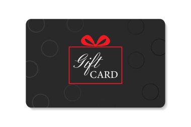 Kırmızı kutulu siyah hediye kartı için bir şablon. Beyaz arka planda izole edilmiş kırmızı hediye kutusu ve beyaz metni olan siyah bir kart. Vektör illüstrasyonu