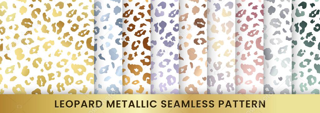 Trendy gold leopard abstract seamless pattern set. Vector Wild animal cheetah skin golden, silver, bronze, rose gold metallic texture on white background for fashion print, cover, wrap, wallpaper.