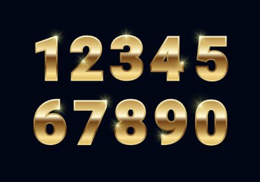 Altın parlak sayılar belirlendi, siyah arkaplanda altın yazı tipi işaretleri izole edildi. Dekorasyon, tasarım, web, reklam, tebrik kartı için lüks moda metalik sarı tipografi tasarımı. Vektör illüstrasyonu.