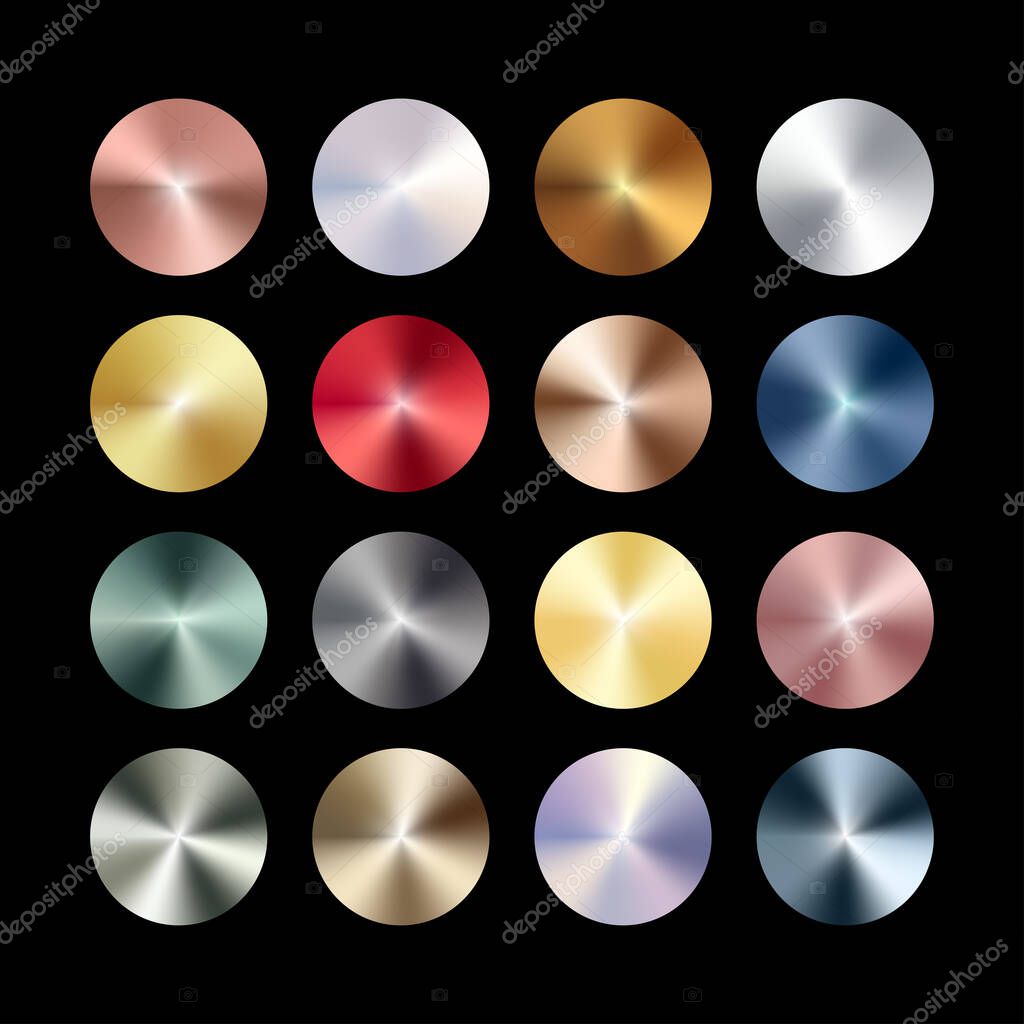 Metal chrome gradient color set. Metallic rose gold, bronze, silver, elegant pearl, midnight green, golden swatches palette. Vector shiny background collection for border, frame, label, flyer, design.