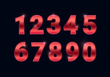 Kırmızı altın parlayan sayılar belirlendi, metal yazı tipi işaretleri siyah arkaplanda izole edildi. Dekorasyon, tasarım, web, reklam ve tebrik kartı için lüks moda metalik tipografi tasarımı. Vektör illüstrasyonu.