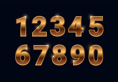 Bronz, parlak sayılar seti, siyah arka planda izole edilmiş altın yazı tipi işaretleri. Dekorasyon, tasarım, web, reklam, tebrik kartı için lüks moda metalik bakır tipografi tasarımı. Vektör illüstrasyonu.