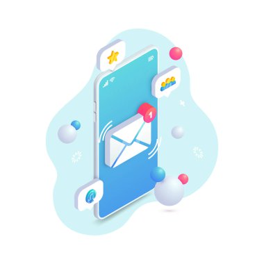 Yeni gelen mesaj izometrik konsept, 3D E- posta Mobil bildirim. Akıllı telefon ekranında yeni bir e-posta. Sosyal ağ, SMS sohbet, spam, web sitesi, iniş, uygulama, reklam için yeni posta vektör illüstrasyonu.