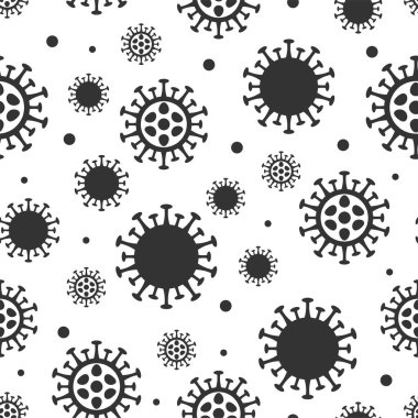 Coronavirus düz, pürüzsüz desen. Beyaz zemin üzerinde siyah virüsler olan Corona virüsü 2019-nCoV arka planı. COVID-19 pandemik baskı dokusu. Vektör illüstrasyonu