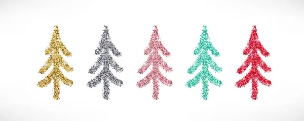Ouro Brilho Texturizado Árvore Natal Mão Ícones Desenhados Conjunto Vetor — Vetor de Stock