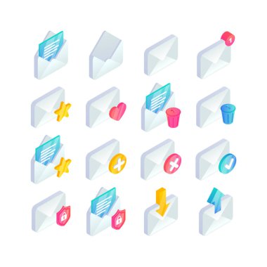 E- posta izometrik simge seti, yeni gelen ileti bildirimi, yeni ileti aç, ekle, sil, e-posta işareti gönder. 3d Mobil Sosyal Ağ, SMS sohbet, favori, web, uygulama, iniş için yeni posta vektör sembolü