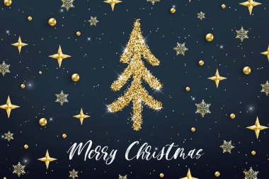 Mutlu Noeller altın tebrik kartı şablonu. Koyu mavi süslemeli arka planda altın parıltı efektiyle el çizimi Noel ağacı. Yazdırma tasarımı için Yeni Yıl Vektör ilüstrasyonuName.