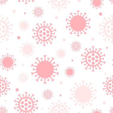 Coronavirus düz, pürüzsüz desen. Beyaz zemin üzerinde kırmızı virüsler olan Corona virüsü 2019-nCoV arka planı. COVID-19 pandemik baskı dokusu. Vektör illüstrasyonu.