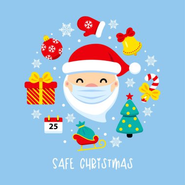 Güvenli Noel koronası virüs pankartı. Koruyucu maskeli ve simgeli Noel Baba. COVID-19 Mutlu Noeller şirin düz vektör çizimi. Yeni Yıl 2021 Salgın Koronavirüsü.