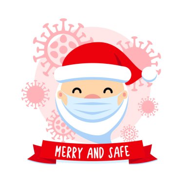 Mutlu ve güvende. Koruyucu maskeli ve korona virüslü Noel Baba. COVID - 19 Noel şirin düz vektör çizimi. Yeni yıl pandemik koronavirüsü 2021 konsepti.