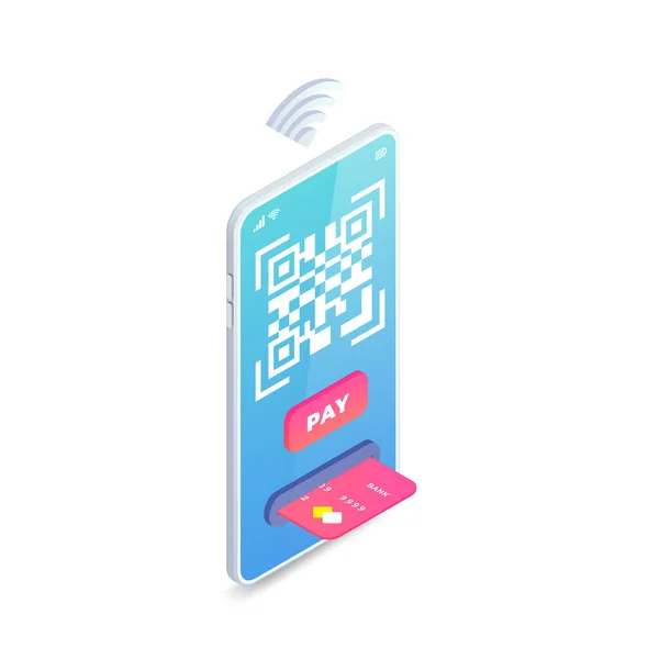 Κωδικός Στην Οθόνη Smartphone Scan Barcode Έννοια Πληρώσει Ισομετρική Διανυσματική — Διανυσματικό Αρχείο