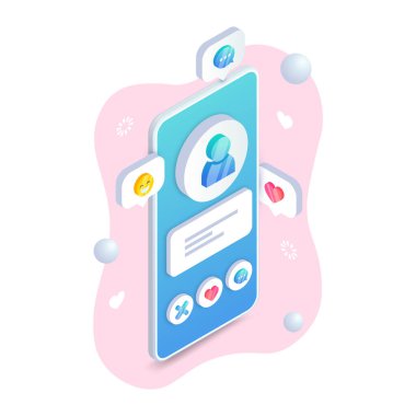 Cep telefonu ekranında flört uygulaması kullanıcı profili. Çevrimiçi Buluşma Uygulama Arayüzü izometrik kavramı. Düğmeli üç boyutlu akıllı telefon. Web sitesi, uygulamalar ve afişler için popüler sosyal medya vektör illüstrasyonu