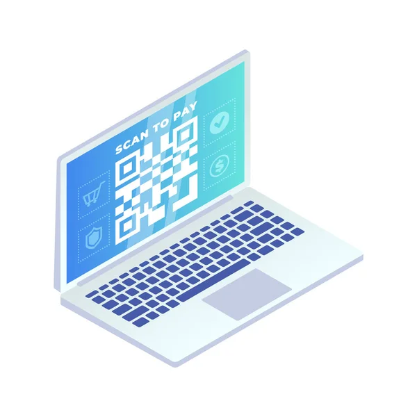 Code Laptop Scherm Scan Barcode Concept Betalen Isometrische Vector Online — Stockvector