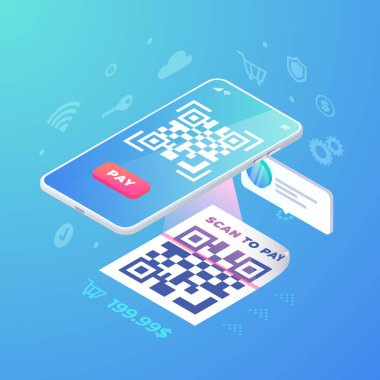 Akıllı telefon ekranındaki QR kodunu tara. 3d barkod çizimi taranıyor, QR izometrik vektör konsepti ödeniyor. Çevrimiçi, elektronik ödemeli, dijital mobil nakitsiz ödeme ile temas yok..