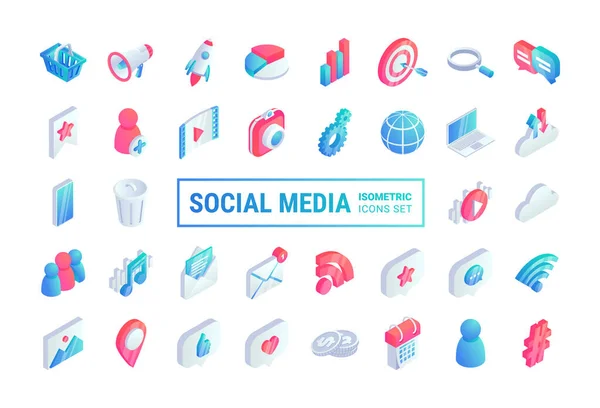 Isometric Sosyal Medya Düz Simgeleri Büyük Set Sohbet Video Posta — Stok Vektör