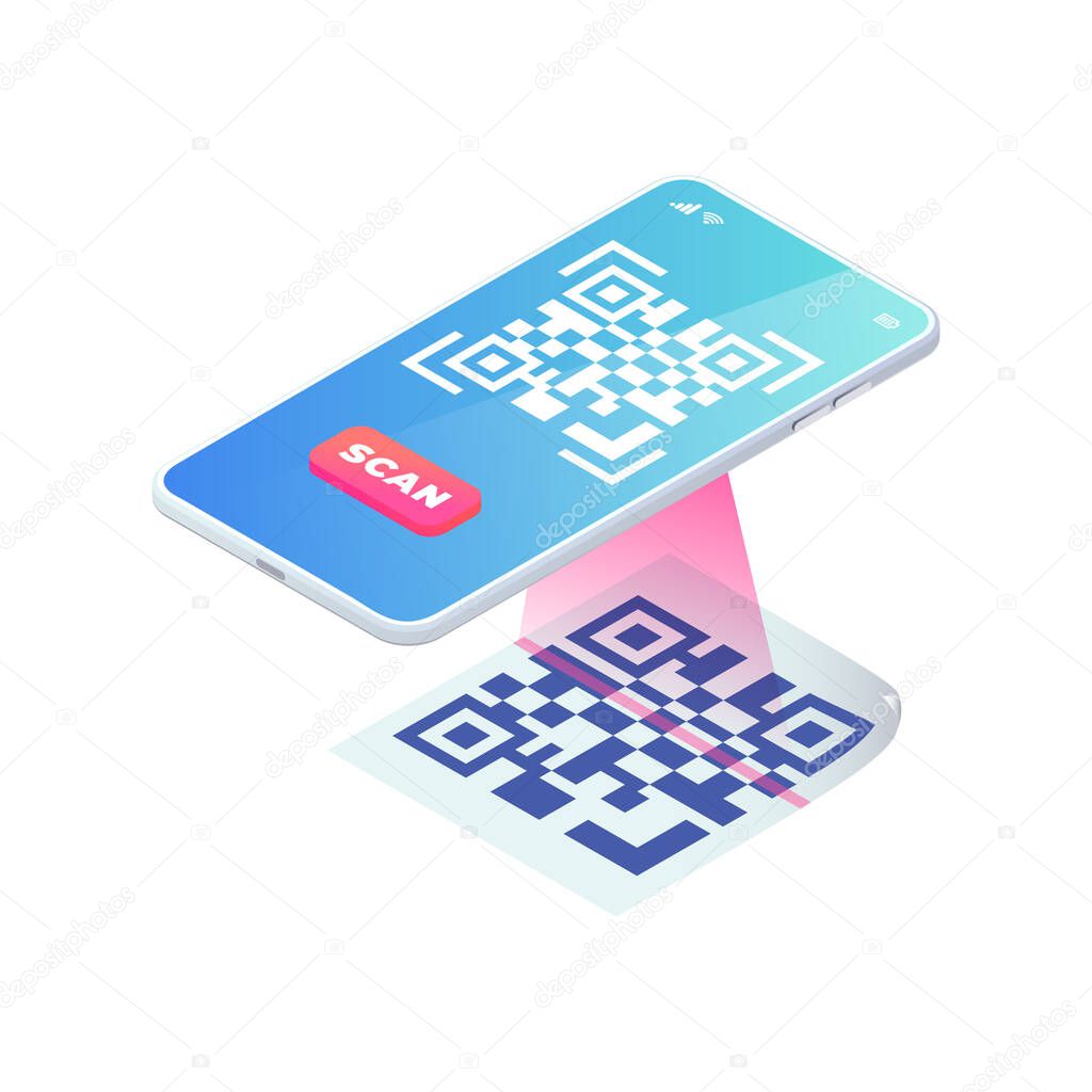 Scan QR code via smartphone. 3d Mobile Scanning barcode concept, QR Verification isometric vector. Quick response code payment, Digital data exchange, Online contactless QR code menu.