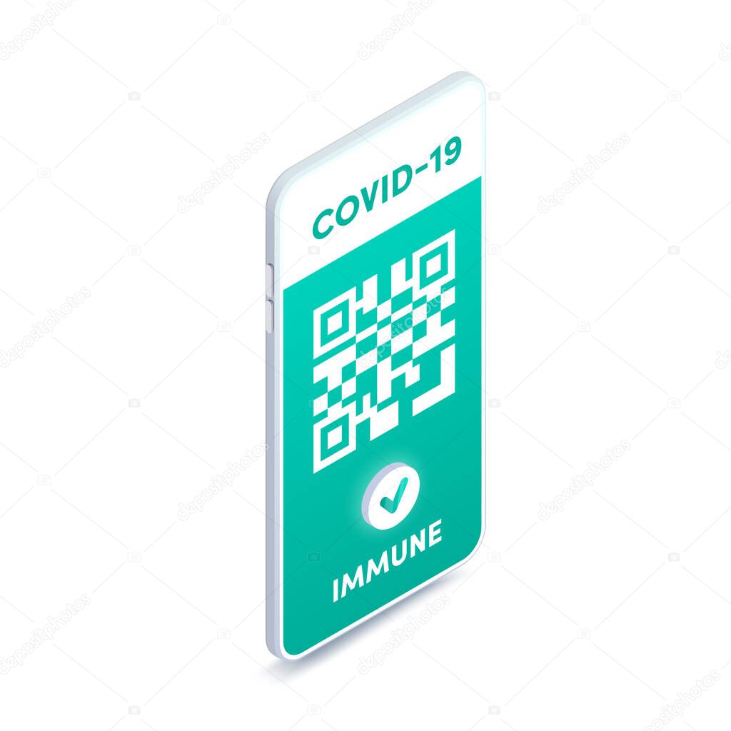 Digital Covid-19 vaccine passport on smartphone screen with QR code isometric vector concept. 3d Vaccination green certificate on mobile phone. Health pass app, immunity to coronavirus.