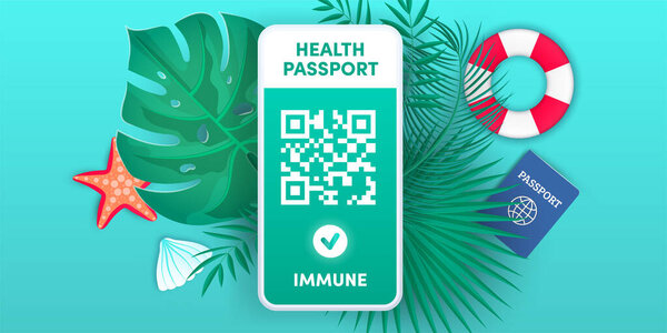 Electronic health passport QR code on smartphone screen vector concept. Vaccination green certificate on mobile phone. Health pass app, negative corona virus test. Covid-19 vaccine for safe tourism.