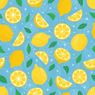 Cute Vector Lemon Hand drawn seamless pattern. Cartoon tropical fruit slice, fresh green leaves, yellow lemons print on blue background. Lemonade repeat texture for wallpaper, fabric design, paper.