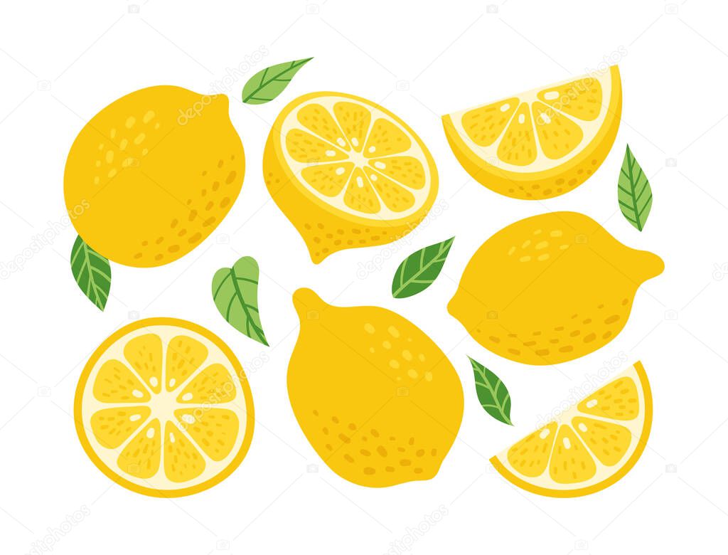 Cute Hand drawn Vector Lemon set. Cartoon summer fruit slice, half sliced lemons, fresh green leaves, yellow whole lemon collection isolated on white background.