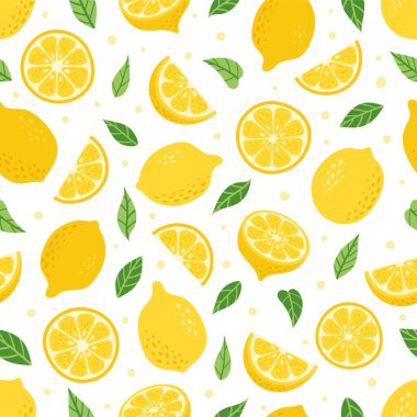 Şirin Vektör Limonlu, tropik, pürüzsüz desen. Çizgi film yaz taze meyve dilimi, yeşil yapraklar, yarım dilimlenmiş ve beyaz arka planda koca bir limon izi. Duvar kağıdı ve kumaş için limonata tekrarla.