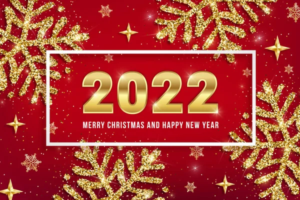 2022 Merry Christmas Happy New Year Greeting Card Design Golden — Stock Vector