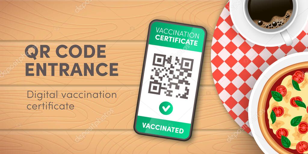 Safe restaurant, cafe, pizzeria entrance vector banner. Covid-19 Digital health passport QR code on smartphone screen. Electronic vaccination certificate proof mobile app.