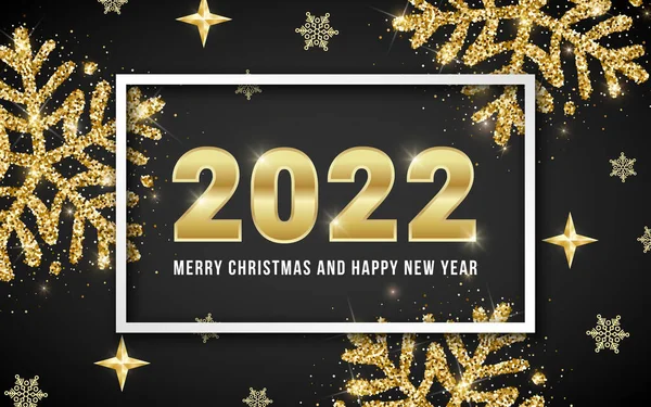 2022 Merry Christmas Happy New Year Greeting Card Design Golden — Stock Vector