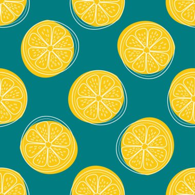 Şirin Vektör Lemon kusursuz desen. Düz yaz taze meyve çemberi dilimi, yeşil arka planda dilimlenmiş limonlar. Duvar kağıdı, tekstil, ambalaj, tropikal kumaş tasarımı için limonata tekrarı.