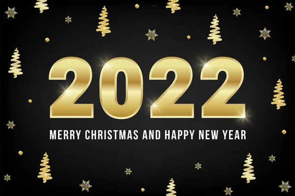 2022メリークリスマスとハッピー新年の挨拶カード黒を背景に黄金の数字 金のクリスマスツリーや雪の結晶と光沢のあるデザイン ウェブ Xmasバナー 背景用ベクトルイラスト — ストックベクタ