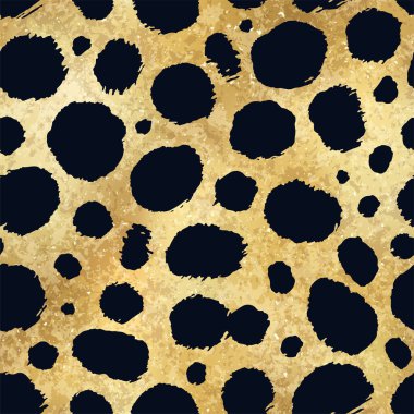 Vektör altın çita derisi pürüzsüz desen. Moda deseni tasarımı, kumaş, kapak, ambalaj kağıdı, duvar kağıdı için altın metalik folyo dokusu üzerine soyut vahşi hayvan eli çizilmiş leopar benekleri.