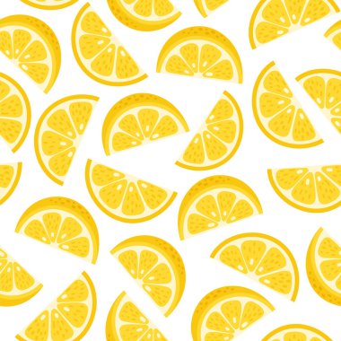 Şirin Vektör Limon El kusursuz desen çizmiş. Çizgi filmdeki tropik meyve dilimleri, beyaz arka planda taze sarı dilimlenmiş limon izleri. Duvar kağıdı, kumaş tasarımı, kağıt ve tekstil için limonata tekrarlama dokusu.