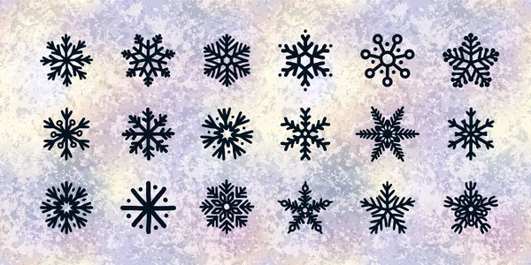 Set Icone Disegnate Mano Doodle Fiocchi Neve Sfondo Pendenza Ghiacciata — Vettoriale Stock