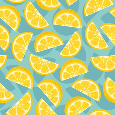 Şirin Vektör Limon El kusursuz desen çizmiş. Çizgi film tropik meyve dilimi, mavi arka planda taze sarı dilimlenmiş limon izi. Duvar kağıdı, kumaş tasarımı, kağıt ve tekstil için limonata tekrarlama dokusu.