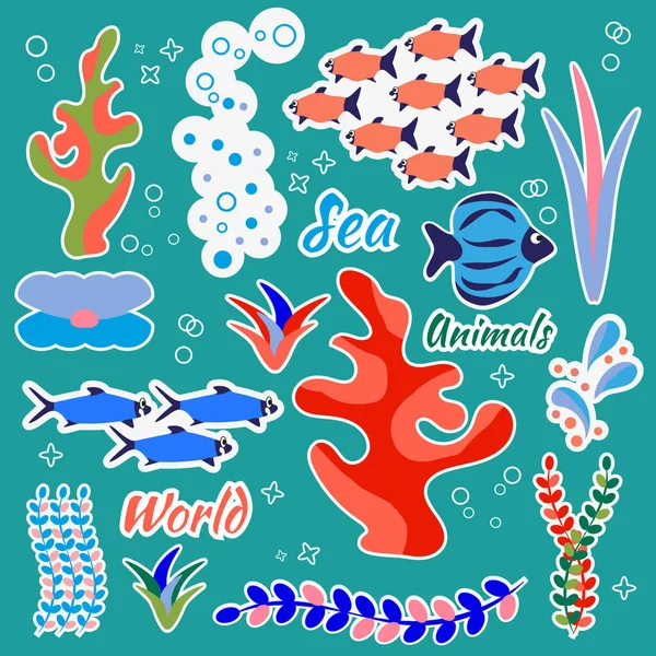 Large Set Elements Characters Animal World Sea Stickers Stripes Set — Stock Vector