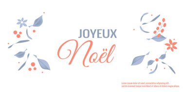 Joyeux Noel, Fransızcada Mutlu Noeller, doğal çalılıkların küçük dekorları, böğürtlenler, Provence tarzı yapraklar. Tasarım kartpostalları ve hikayeler için vektör illüstrasyonu.