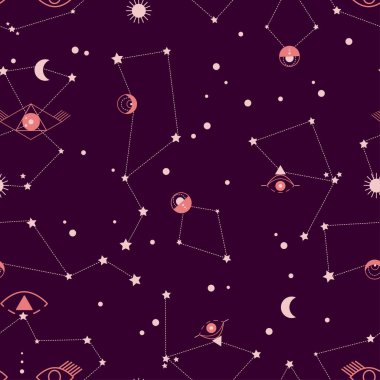 Üçüncü göz, gök cisimleri, yıldızlar, güneş ve ay ile ilişkili soyut takımyıldızları kümesi. Büyülü üçüncü göz, ezoterik bilimde ruhun sembolü. Tarot kartları tasarımı için kusursuz vektör deseni.