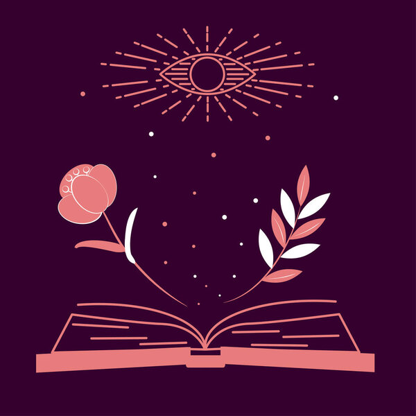 Иллюстрация духовного сеанса. Набор волшебных предметов, волшебная книга о и любви. Открытие третьего глаза души. Векторный рисунок в стиле набросков для оформления карт Таро, социальных сетей, групп.